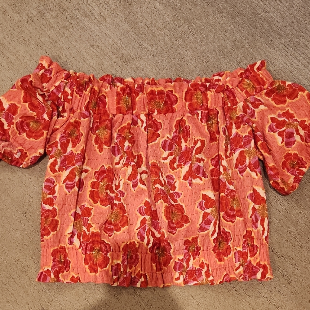 LOFT Orange and Red Puff Sleeve Blouse
